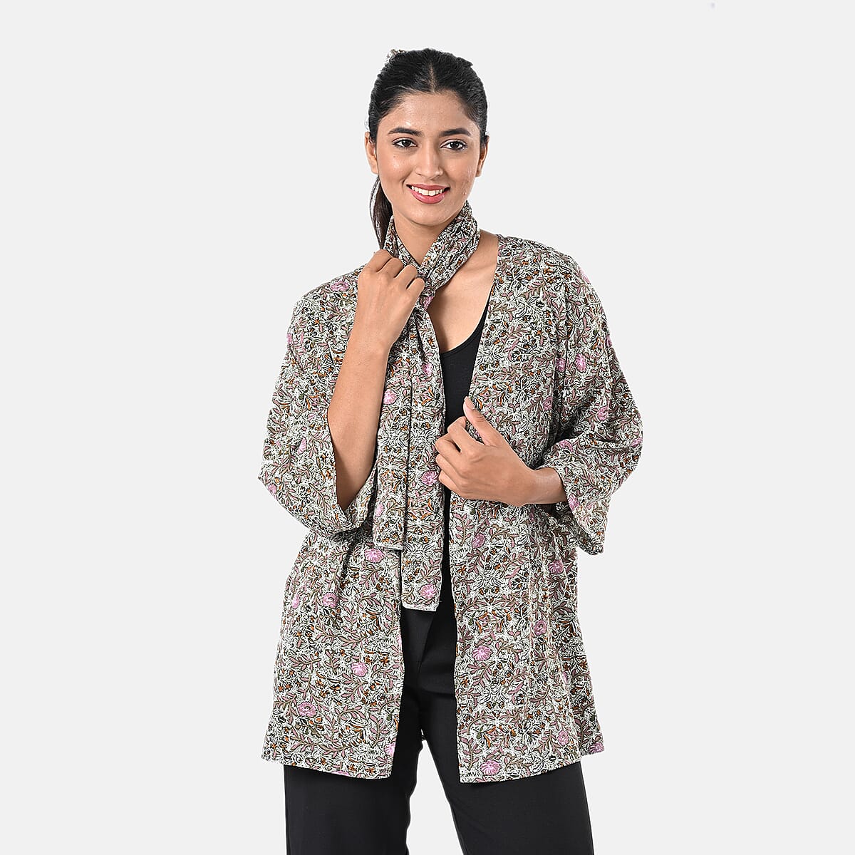 Olive Floral Polyester Kimono (30x24), Scrunchie (28x3.5) and Scarf (68x 12)  image number 5