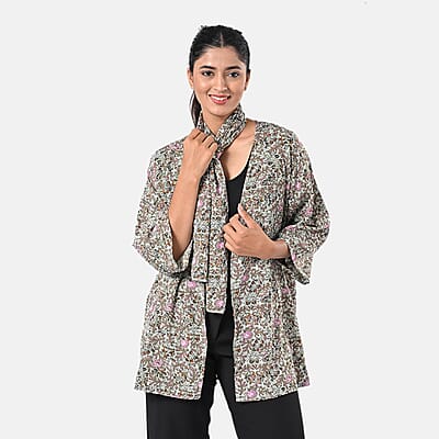 TAMSY Olive Floral 3 Piece Kimono, Scarf, and Scrunchie Set - One Size Fits Most