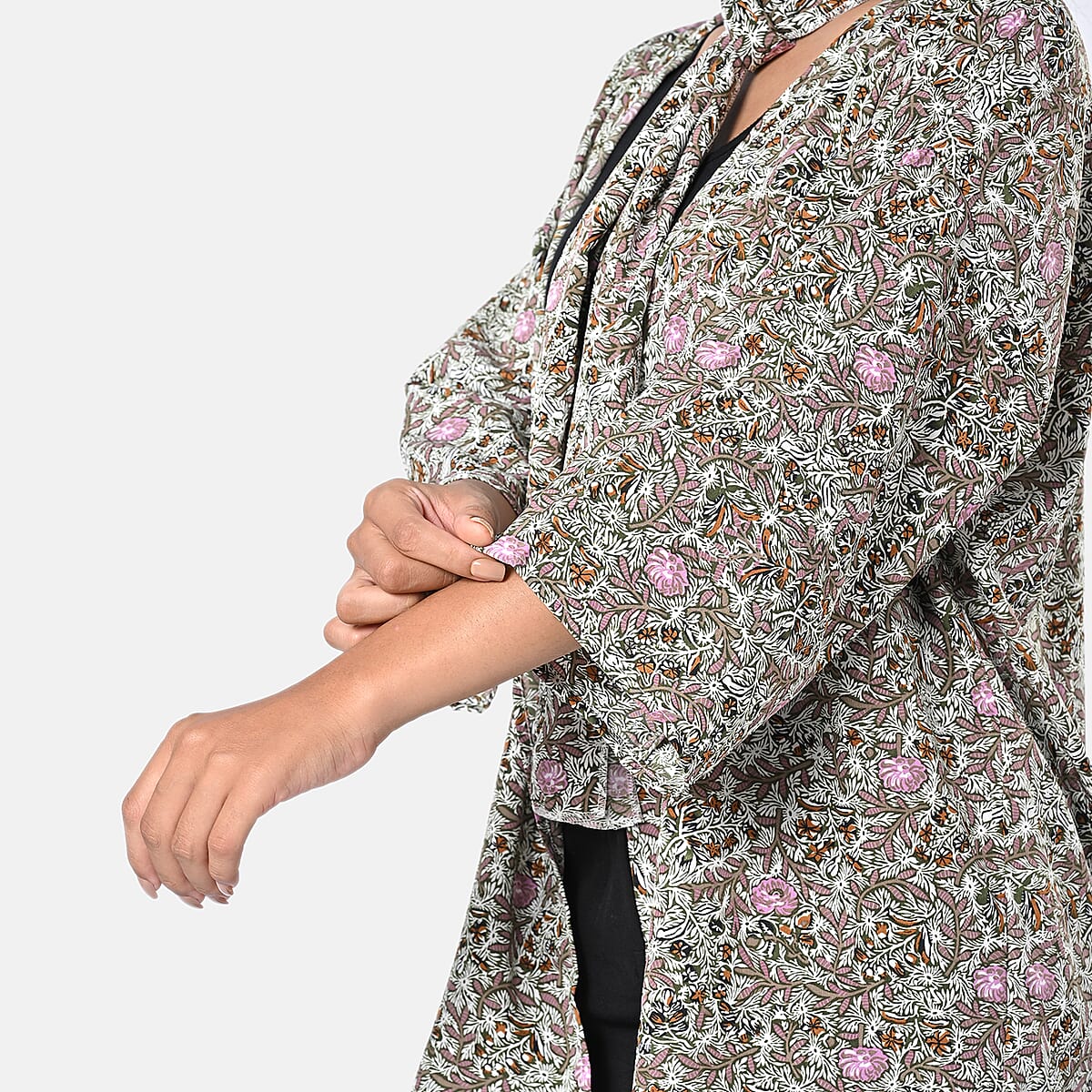 Olive Floral Polyester Kimono (30x24), Scrunchie (28x3.5) and Scarf (68x 12)  image number 6