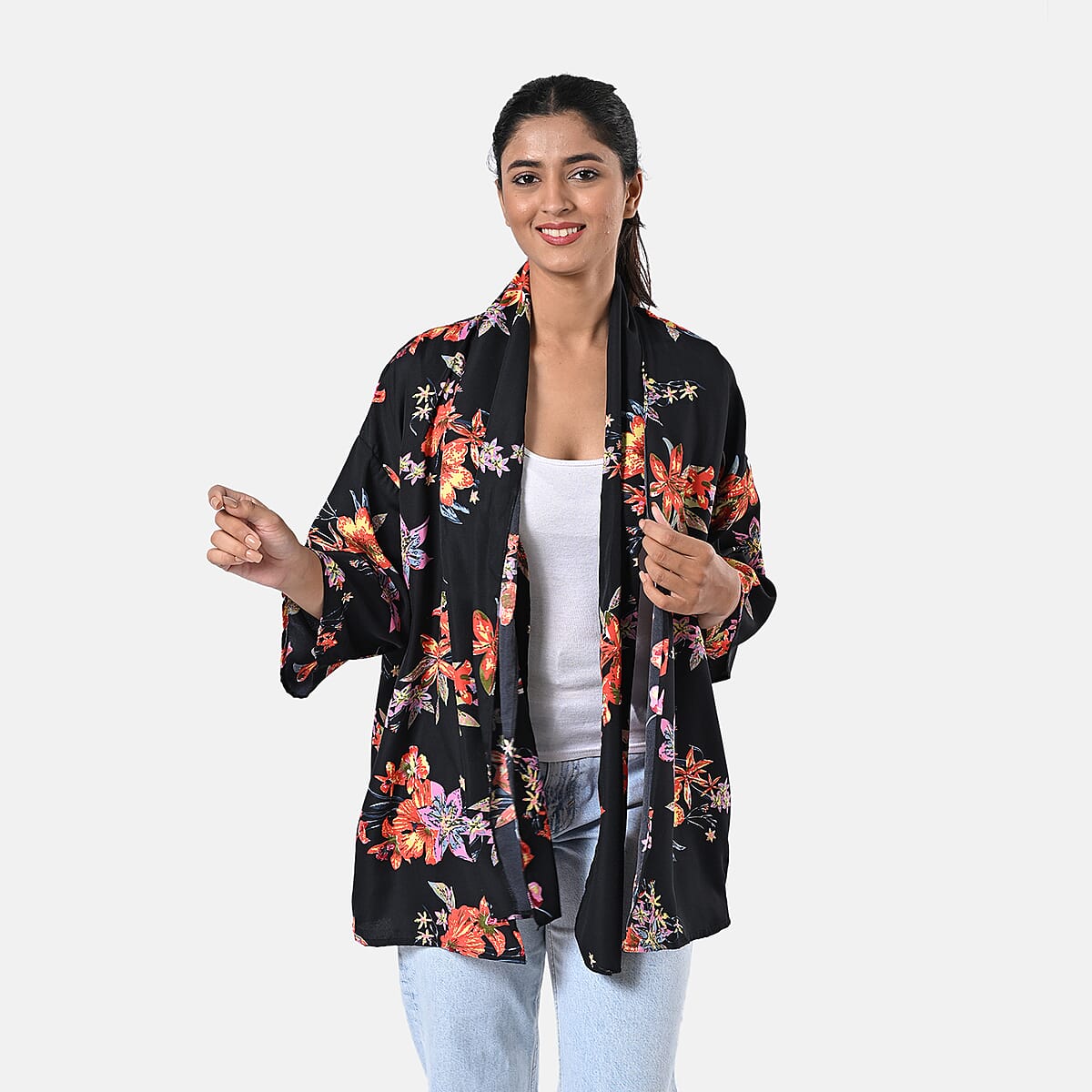 Multi Floral Polyester Kimono (30x24), Scrunchie (28x3.5) and Scarf (68x 12)  image number 1
