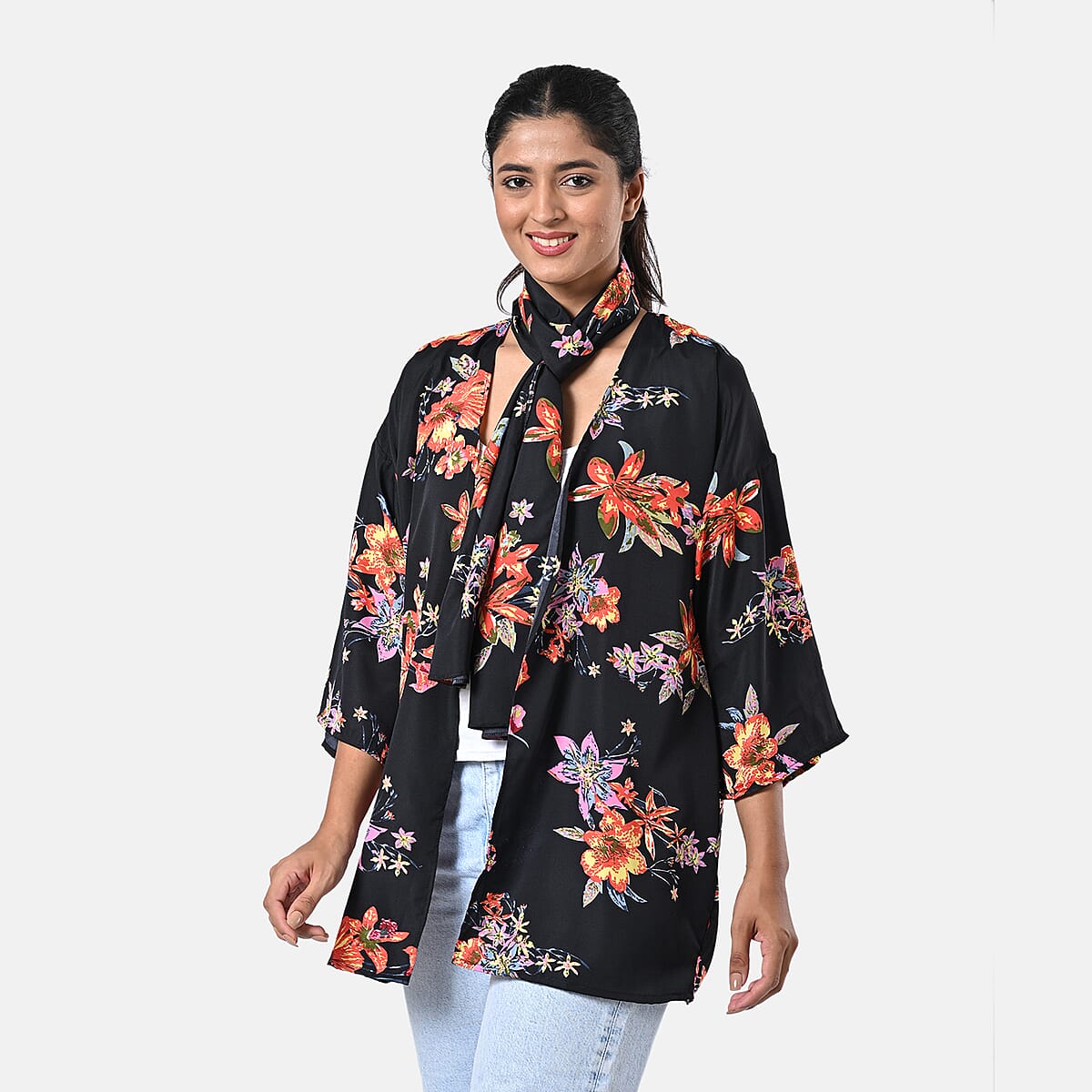 Multi Floral Polyester Kimono (30x24), Scrunchie (28x3.5) and Scarf (68x 12)  image number 2