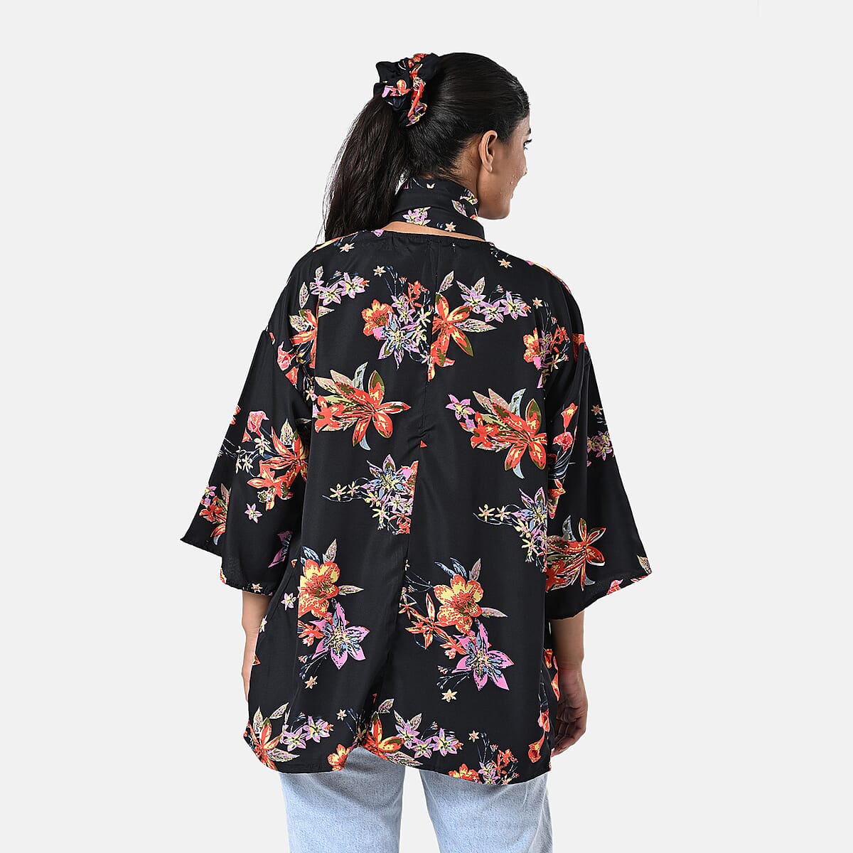 Multi Floral Polyester Kimono (30x24), Scrunchie (28x3.5) and Scarf (68x 12)  image number 3