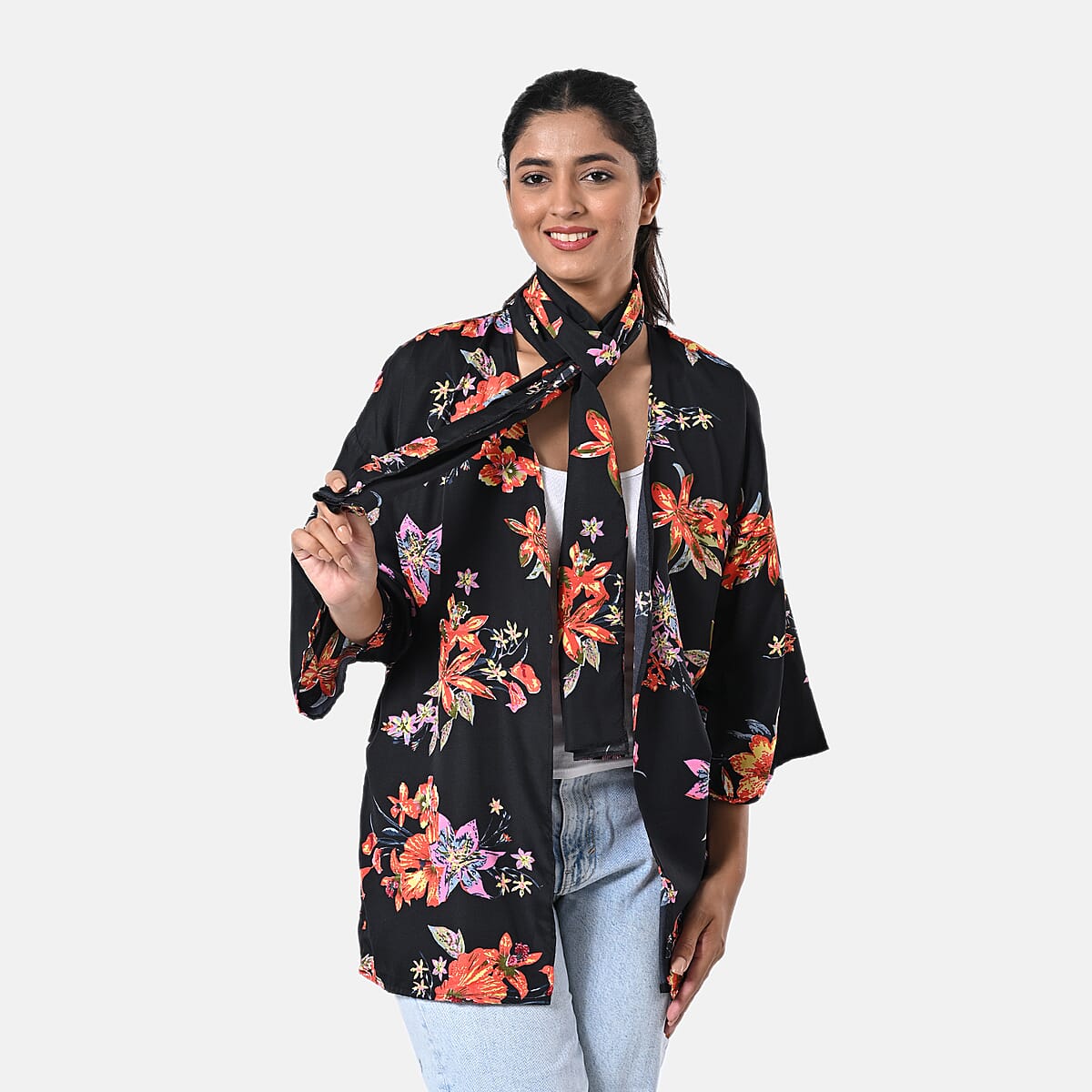 Multi Floral Polyester Kimono (30x24), Scrunchie (28x3.5) and Scarf (68x 12)  image number 4