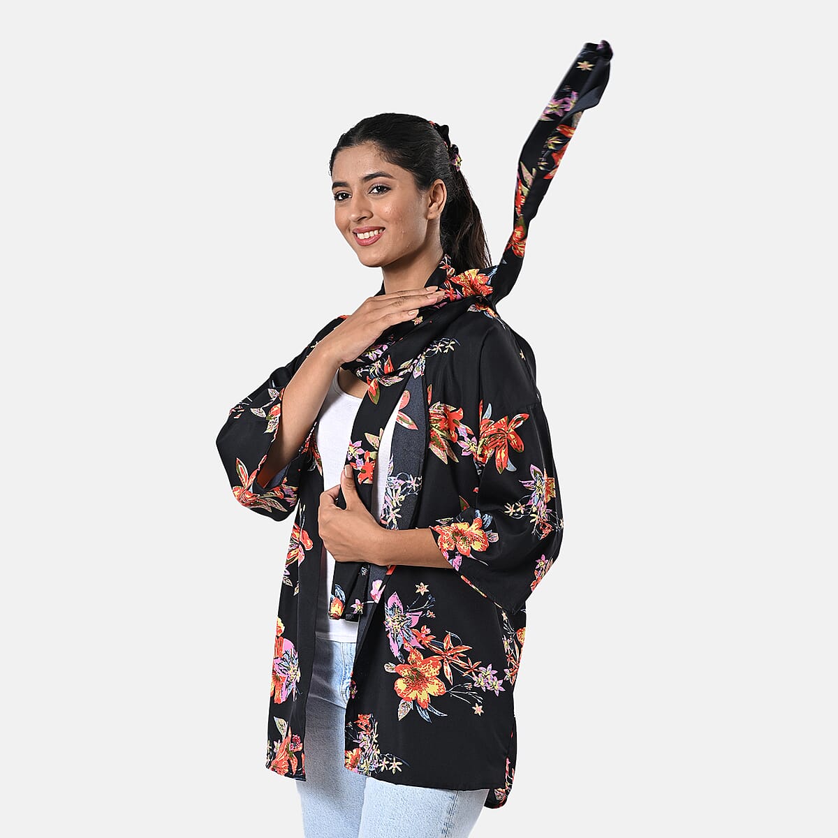 Multi Floral Polyester Kimono (30x24), Scrunchie (28x3.5) and Scarf (68x 12)  image number 5