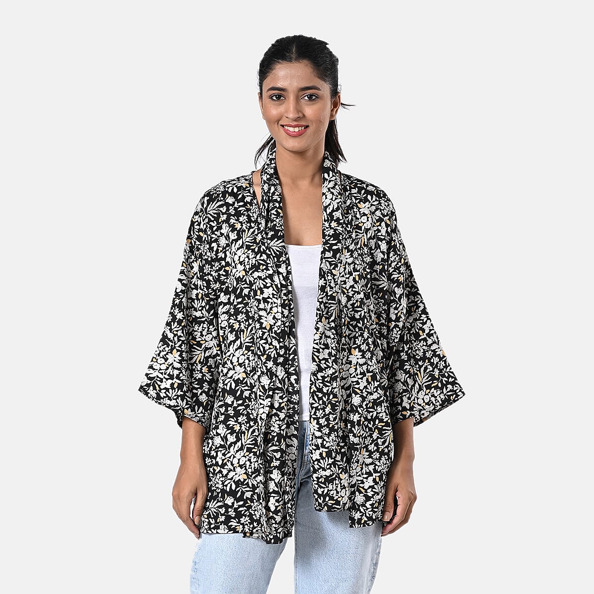 Black Floral Polyester Kimono (30x24), Scrunchie (28x3.5) and Scarf (68x 12)  image number 0