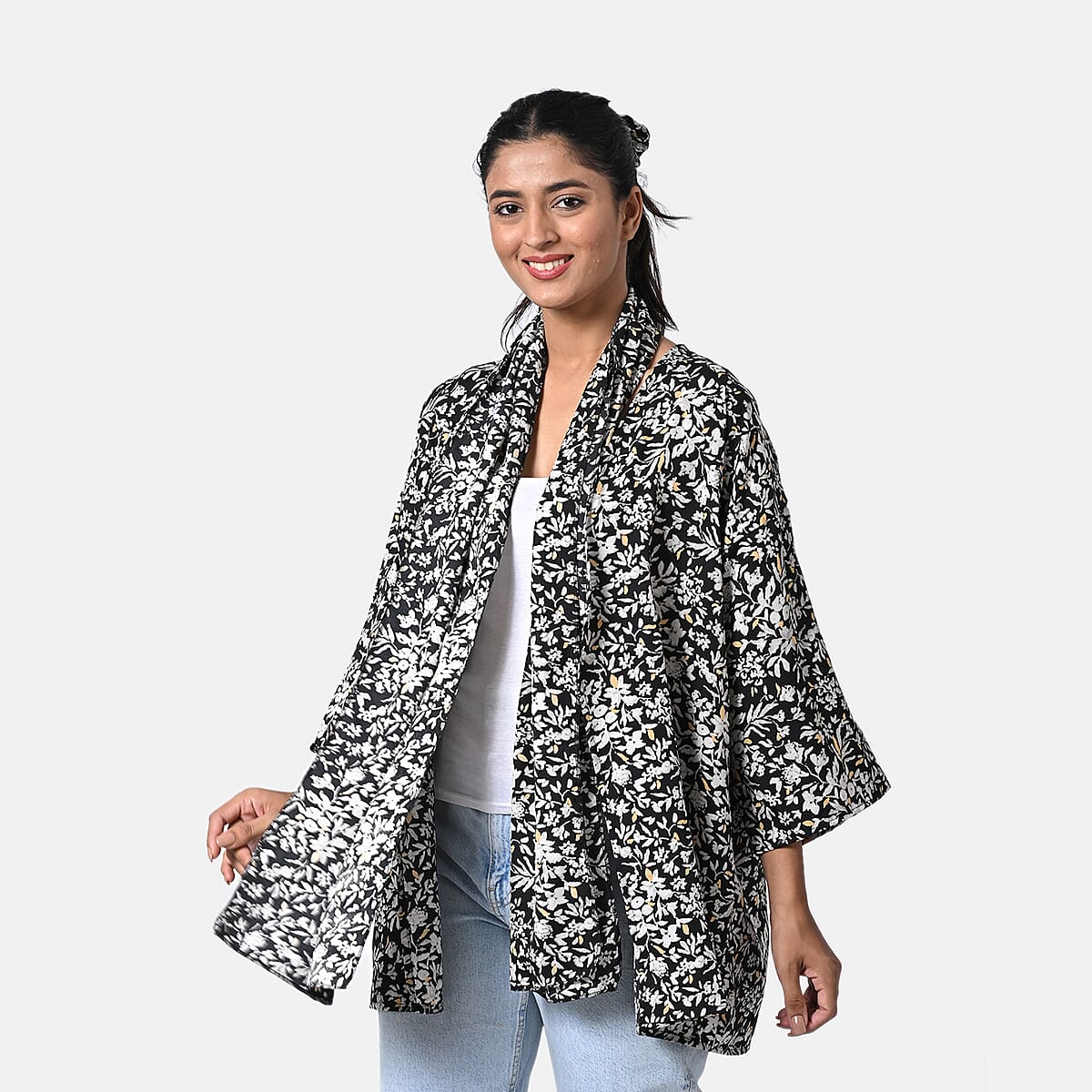 Black Floral Polyester Kimono (30x24), Scrunchie (28x3.5) and Scarf (68x 12)  image number 2