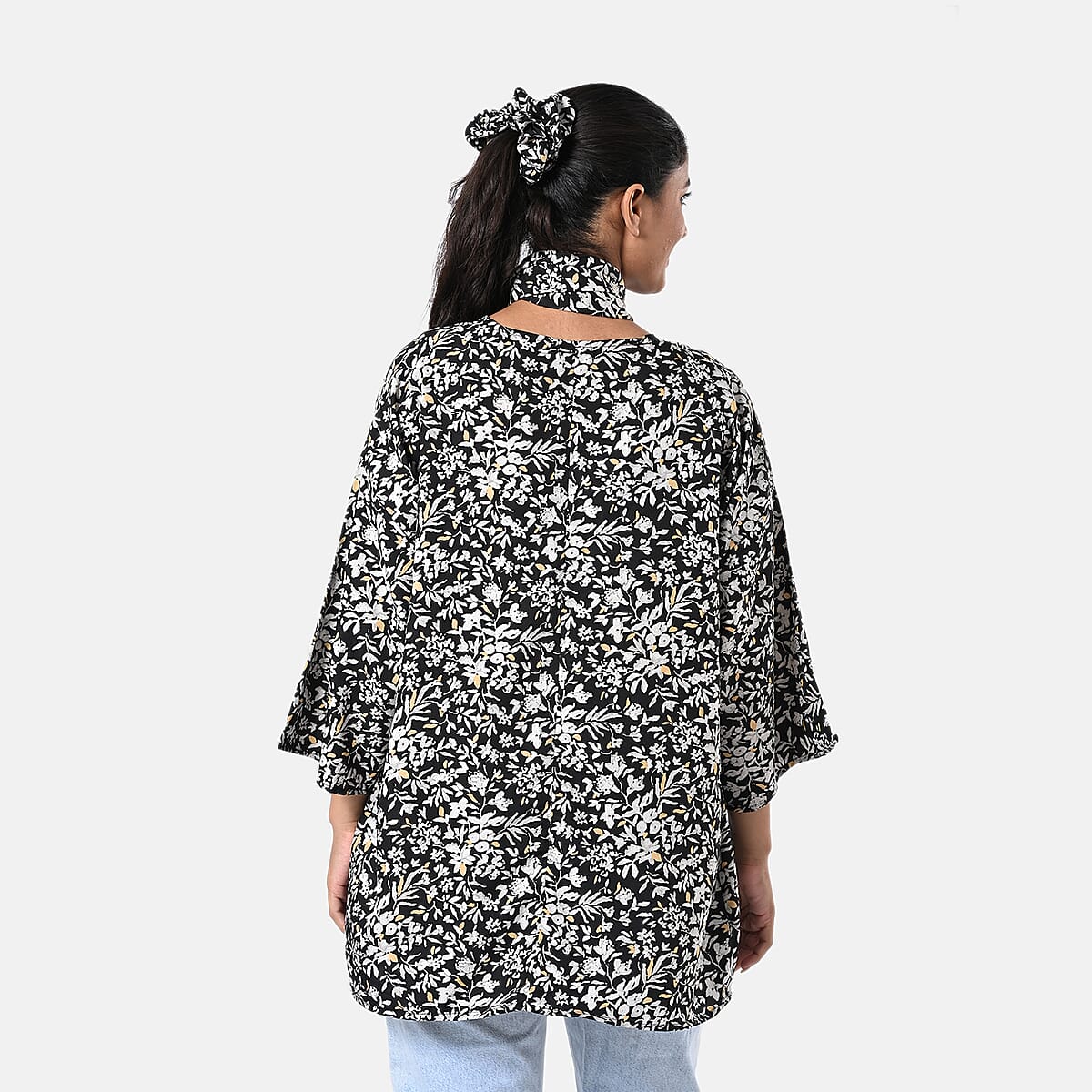 Black Floral Polyester Kimono (30x24), Scrunchie (28x3.5) and Scarf (68x 12)  image number 3