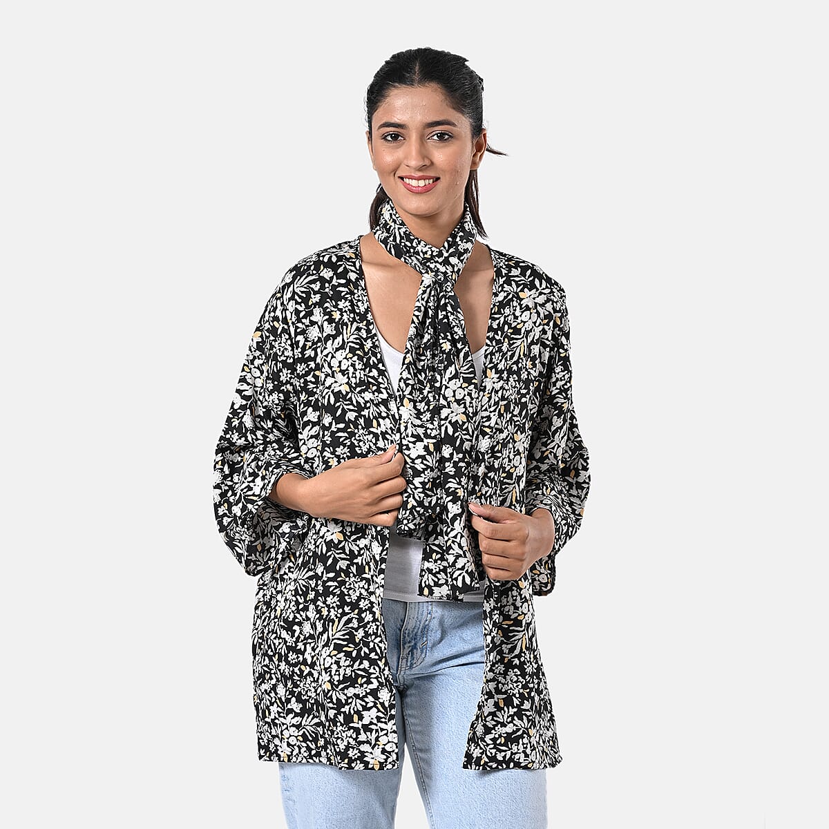 Black Floral Polyester Kimono (30x24), Scrunchie (28x3.5) and Scarf (68x 12)  image number 4
