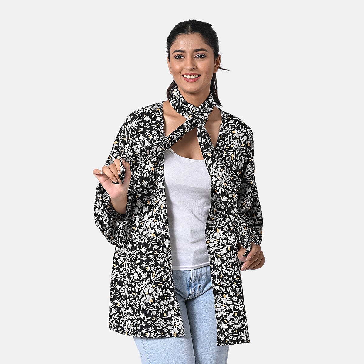 Black Floral Polyester Kimono (30x24), Scrunchie (28x3.5) and Scarf (68x 12)  image number 5