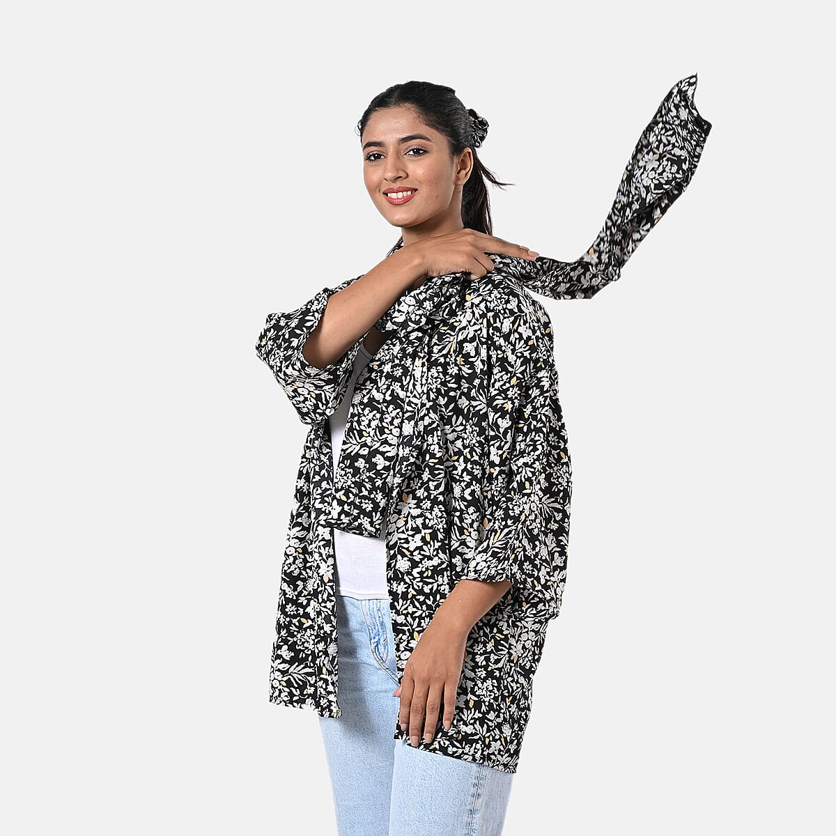 Black Floral Polyester Kimono (30x24), Scrunchie (28x3.5) and Scarf (68x 12)  image number 6