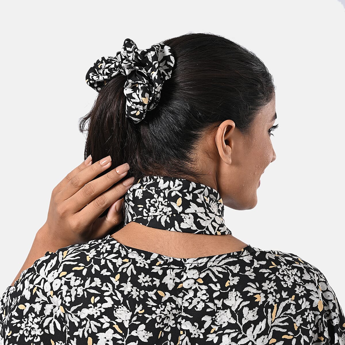 Black Floral Polyester Kimono (30x24), Scrunchie (28x3.5) and Scarf (68x 12)  image number 7