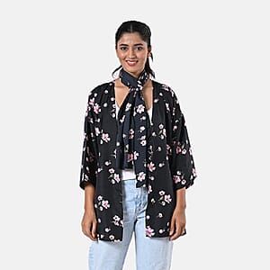 Pink Floral Polyester Kimono (30x24), Scrunchie (28x3.5) and Scarf (68x 12) 