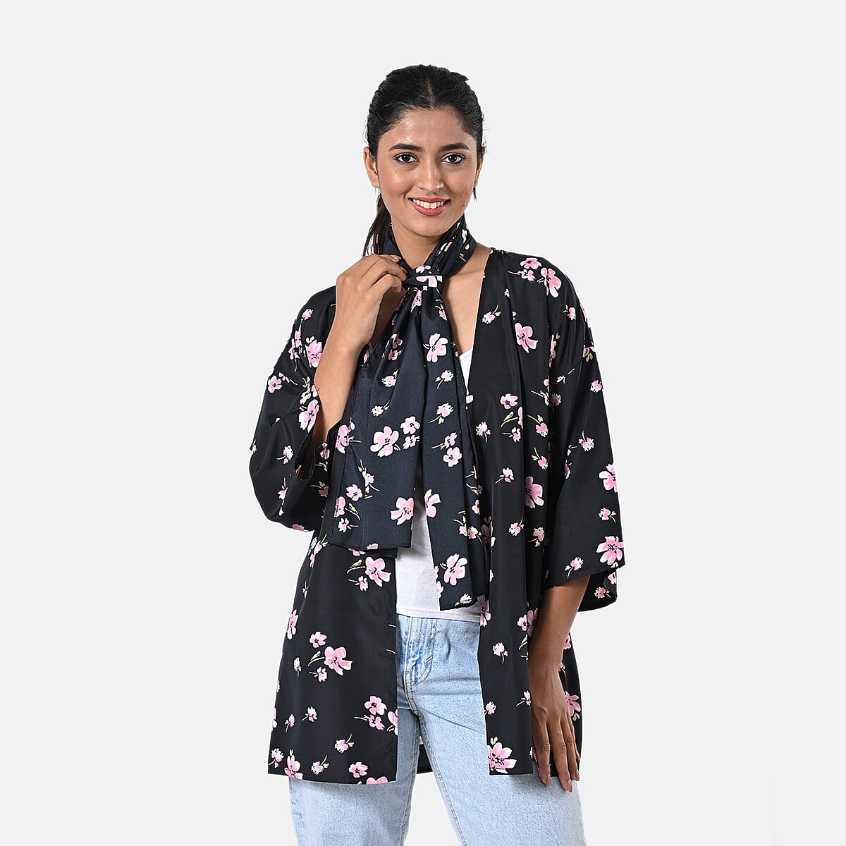 Pink Floral Polyester Kimono (30x24), Scrunchie (28x3.5) and Scarf (68x 12)  image number 1