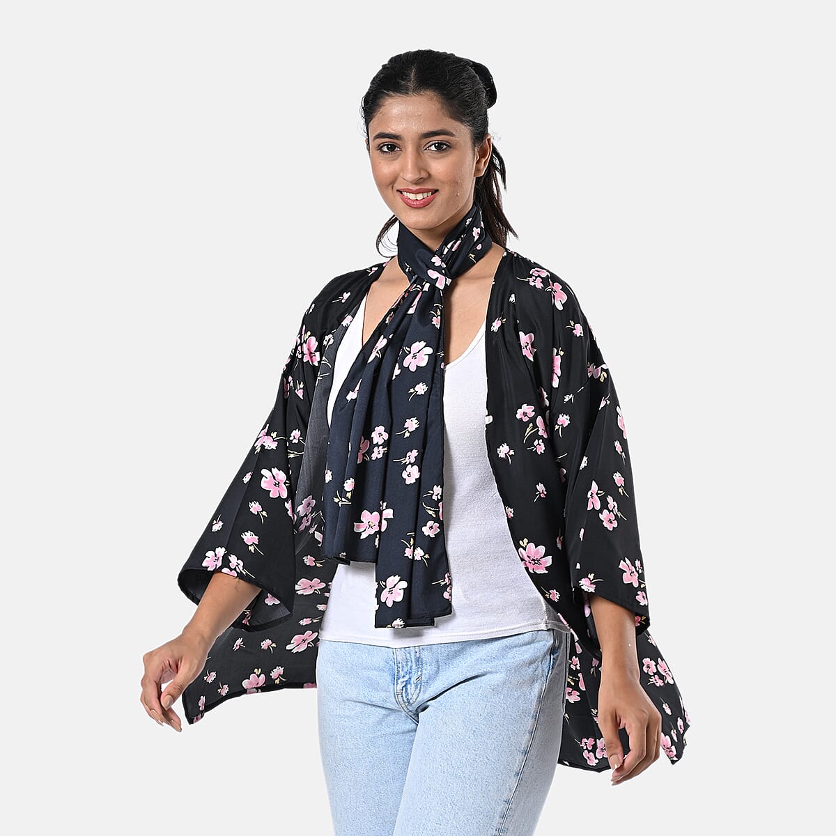 Pink Floral Polyester Kimono (30x24), Scrunchie (28x3.5) and Scarf (68x 12)  image number 2