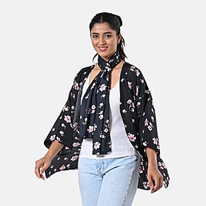 TAMSY Light Pink Floral 3 Piece Kimono, Scarf, and Scrunchie Set - One Size Fits Most