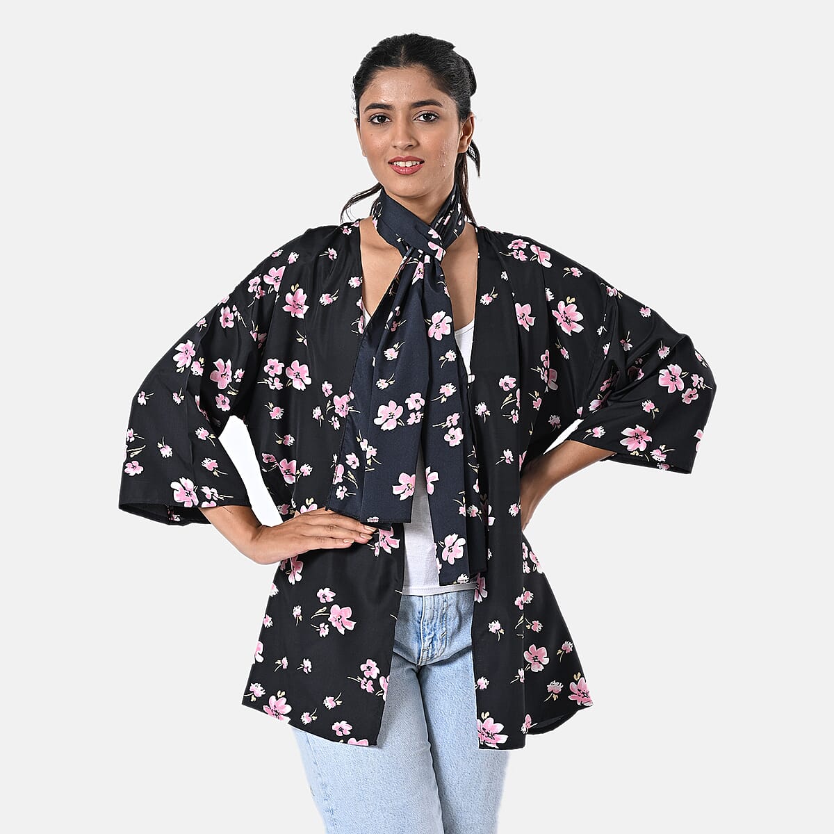 Pink Floral Polyester Kimono (30x24), Scrunchie (28x3.5) and Scarf (68x 12)  image number 4