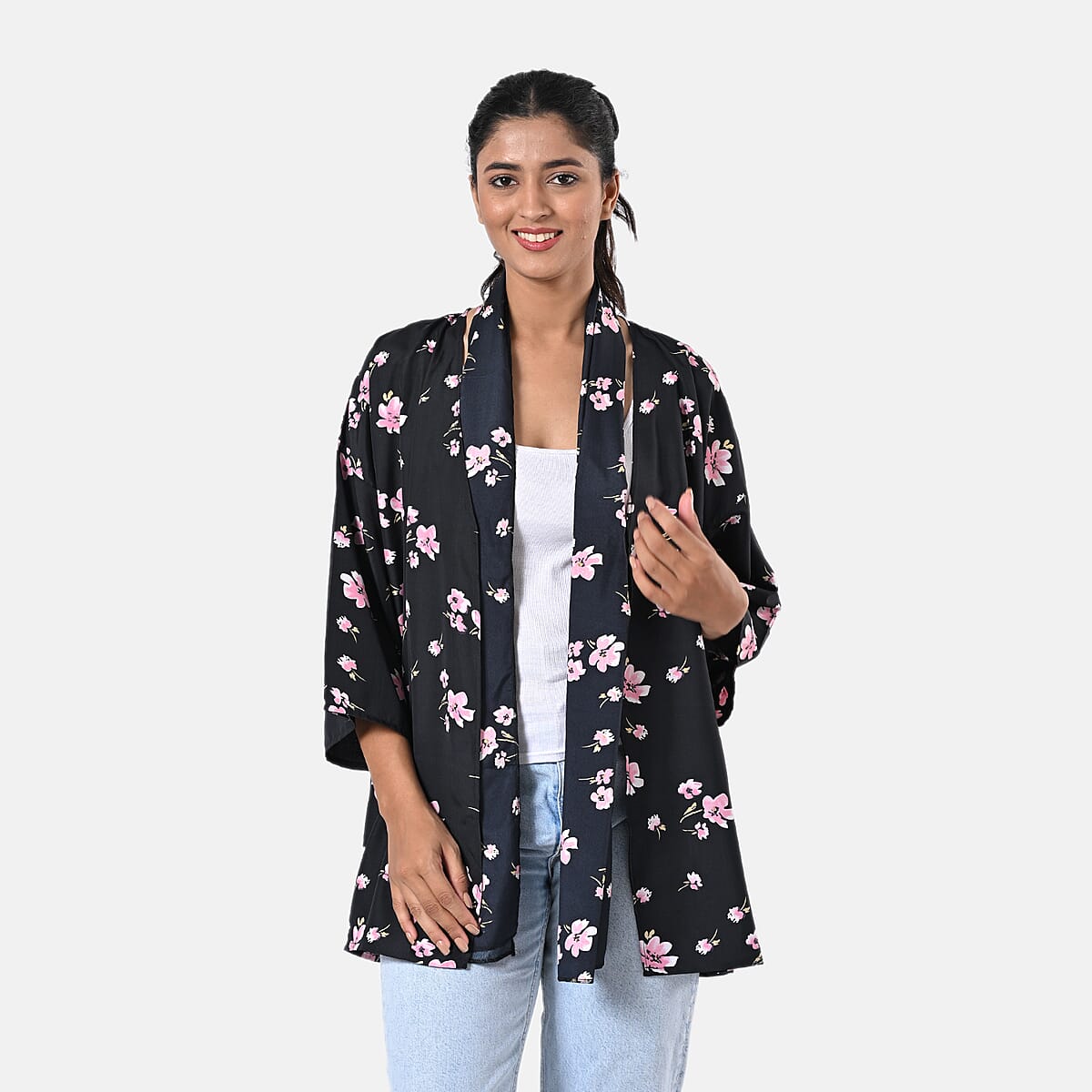 Pink Floral Polyester Kimono (30x24), Scrunchie (28x3.5) and Scarf (68x 12)  image number 5