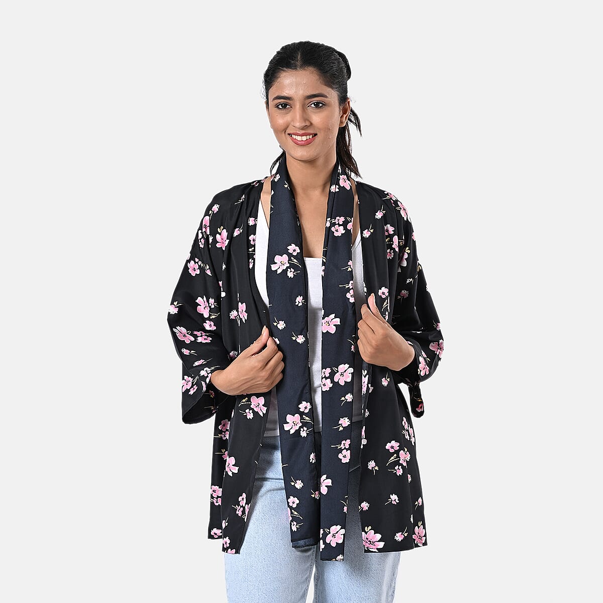 Pink Floral Polyester Kimono (30x24), Scrunchie (28x3.5) and Scarf (68x 12)  image number 6