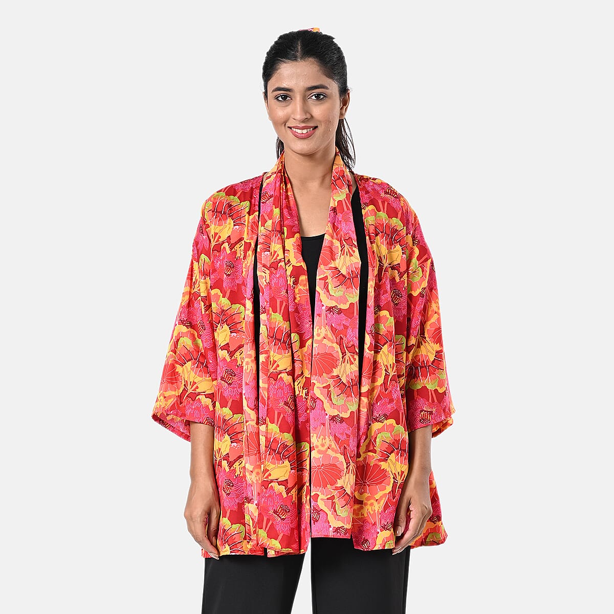 Fuchsia Floral Polyester Kimono (30x24), Scrunchie (28x3.5) and Scarf (68x 12)  image number 0