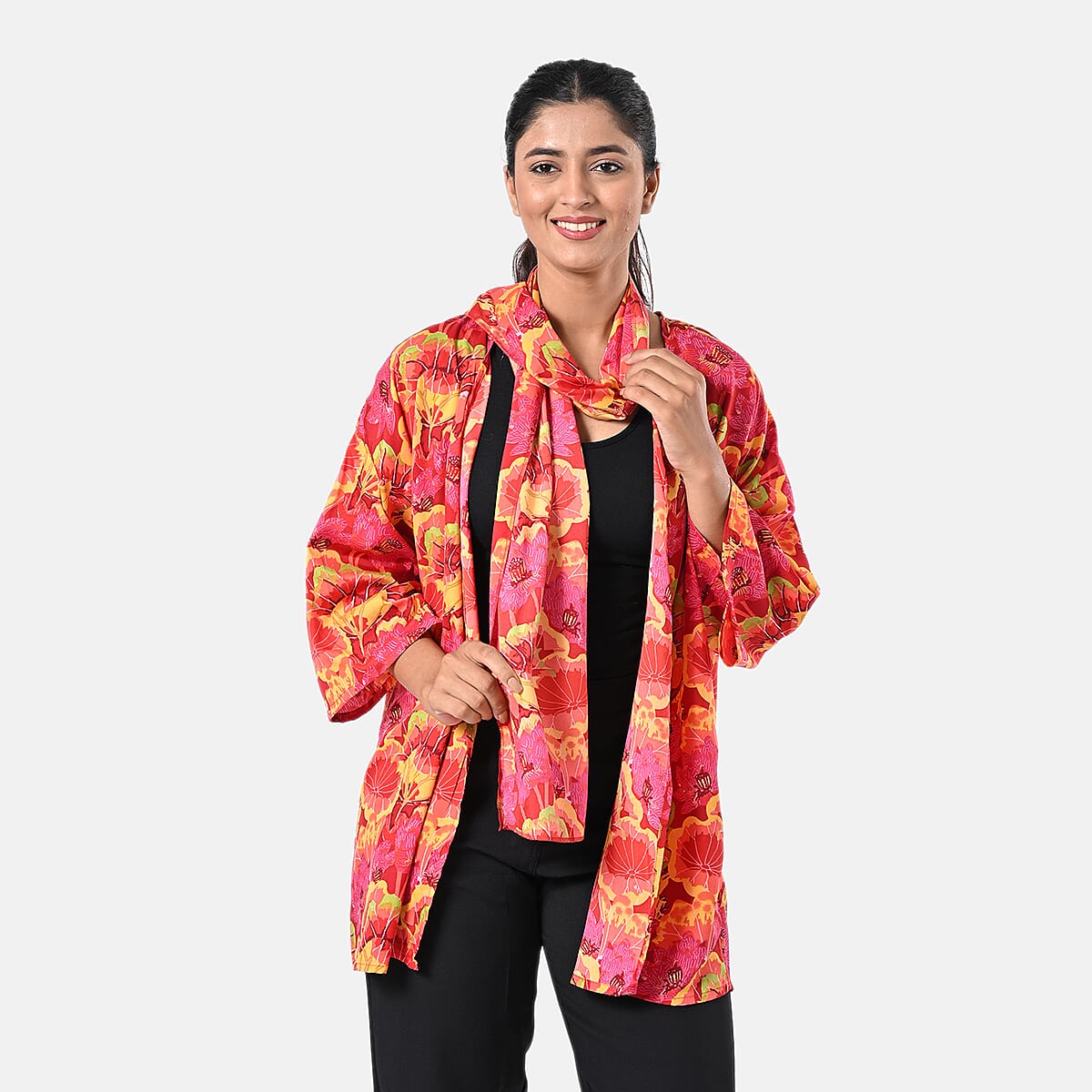 Fuchsia Floral Polyester Kimono (30x24), Scrunchie (28x3.5) and Scarf (68x 12)  image number 1