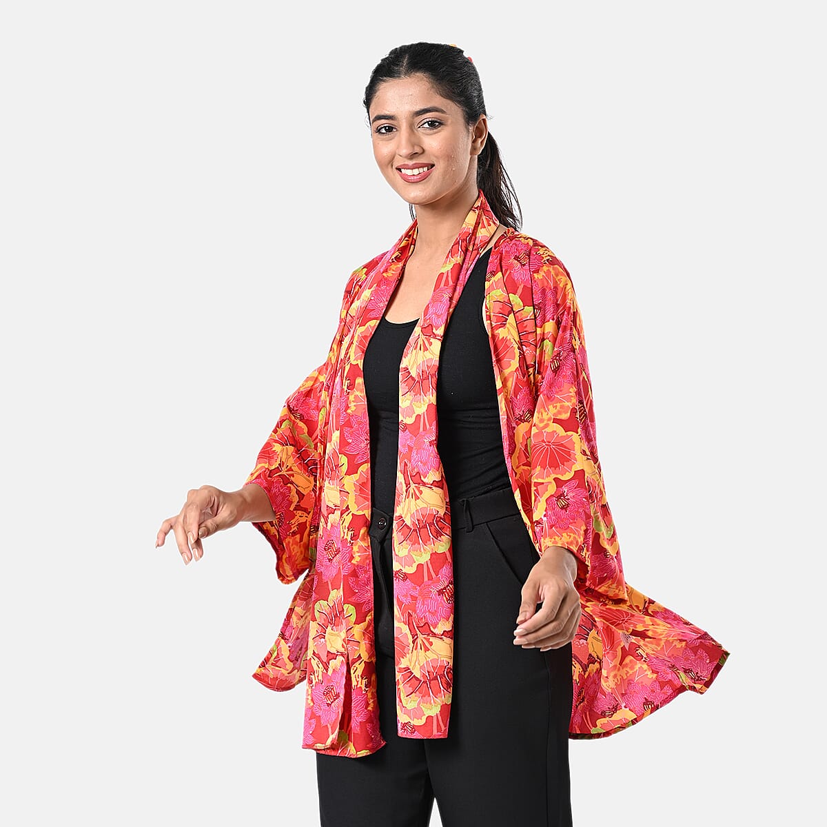 Fuchsia Floral Polyester Kimono (30x24), Scrunchie (28x3.5) and Scarf (68x 12)  image number 2