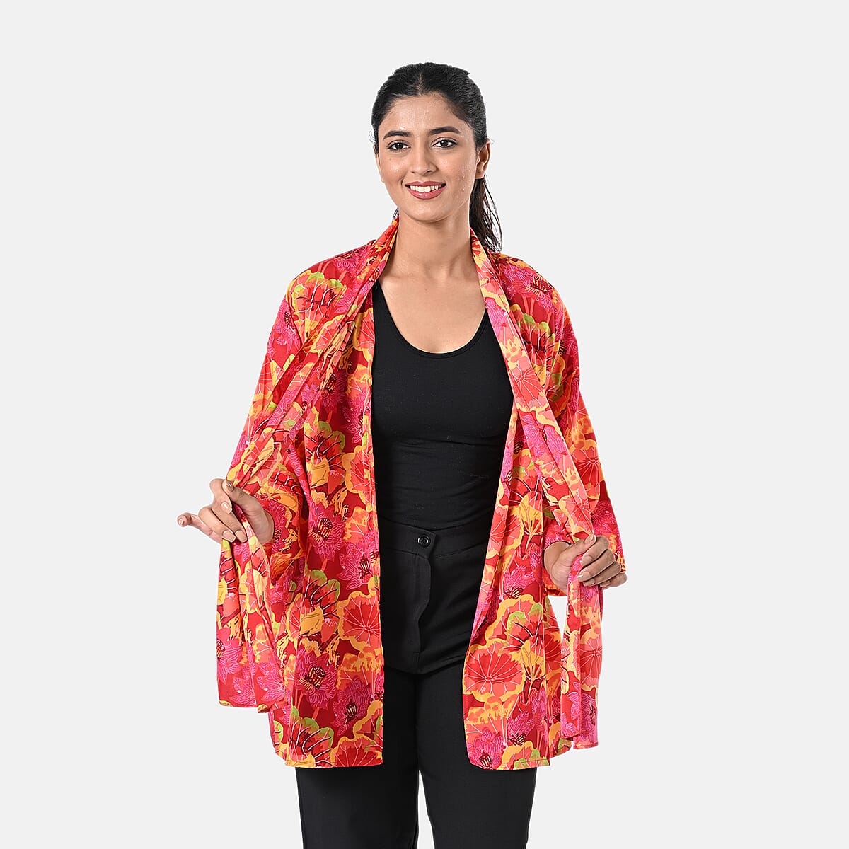 Fuchsia Floral Polyester Kimono (30x24), Scrunchie (28x3.5) and Scarf (68x 12)  image number 4