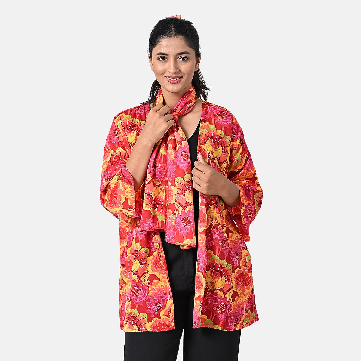 Fuchsia Floral Polyester Kimono (30x24), Scrunchie (28x3.5) and Scarf (68x 12)  image number 5