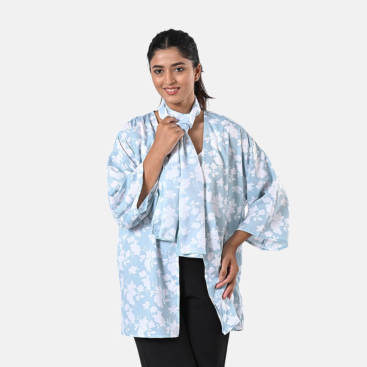 Mint Floral Polyester Kimono (30x24), Scrunchie (28x3.5) and Scarf (68x 12)  image number 1