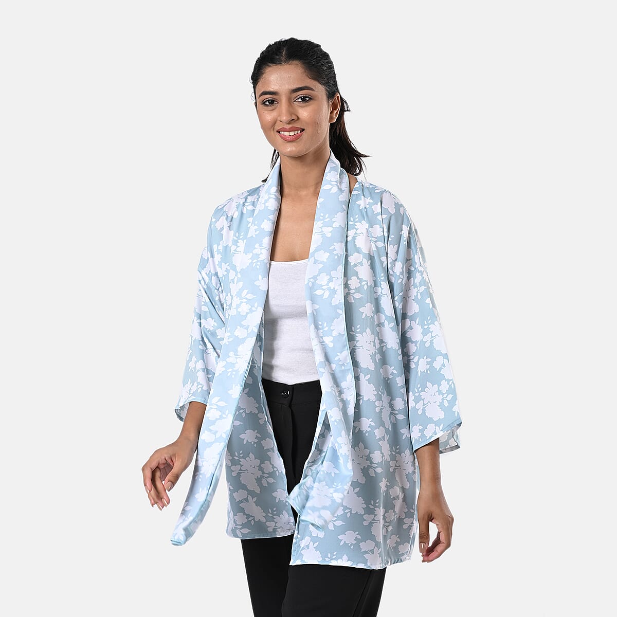 Mint Floral Polyester Kimono (30x24), Scrunchie (28x3.5) and Scarf (68x 12)  image number 2