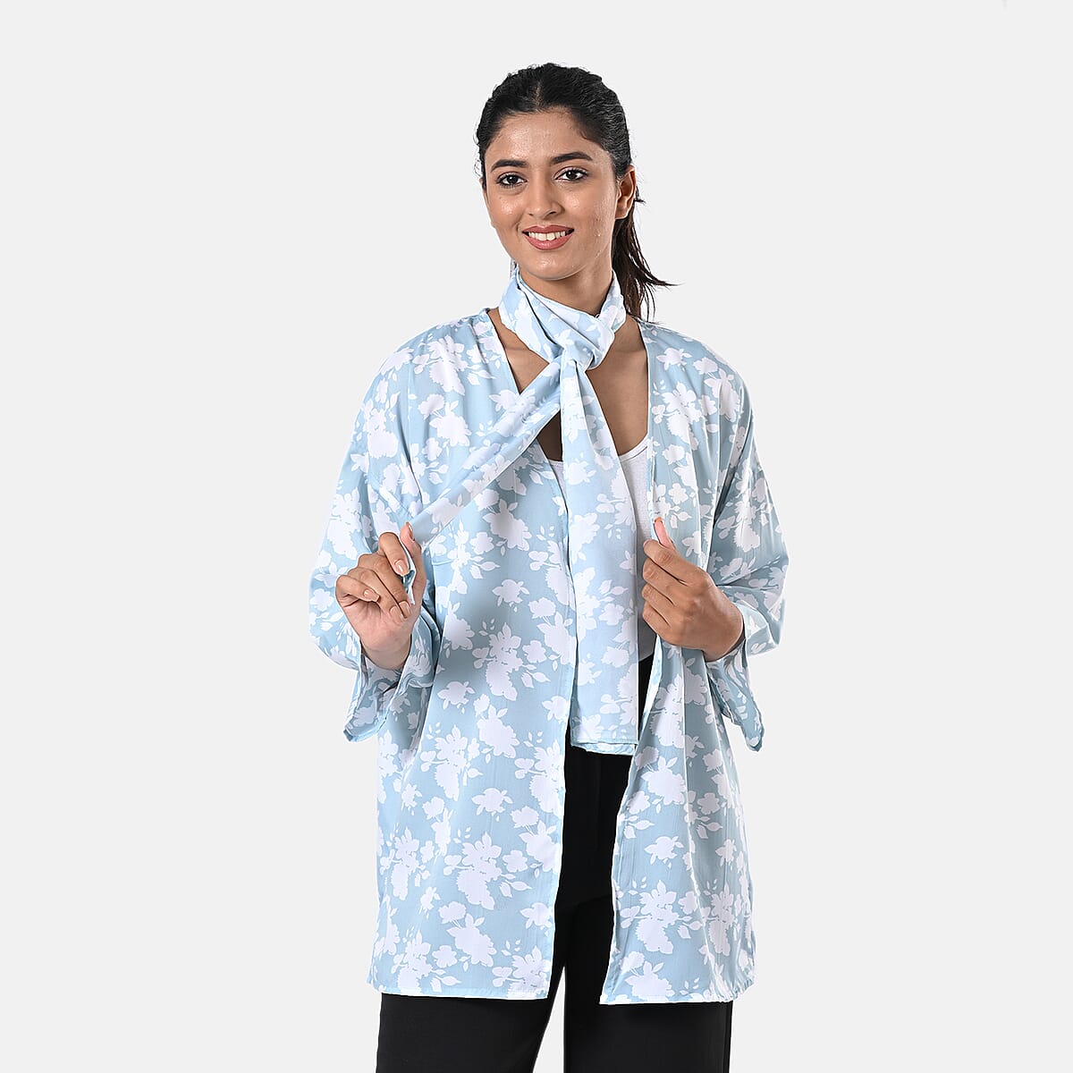 Mint Floral Polyester Kimono (30x24), Scrunchie (28x3.5) and Scarf (68x 12)  image number 4