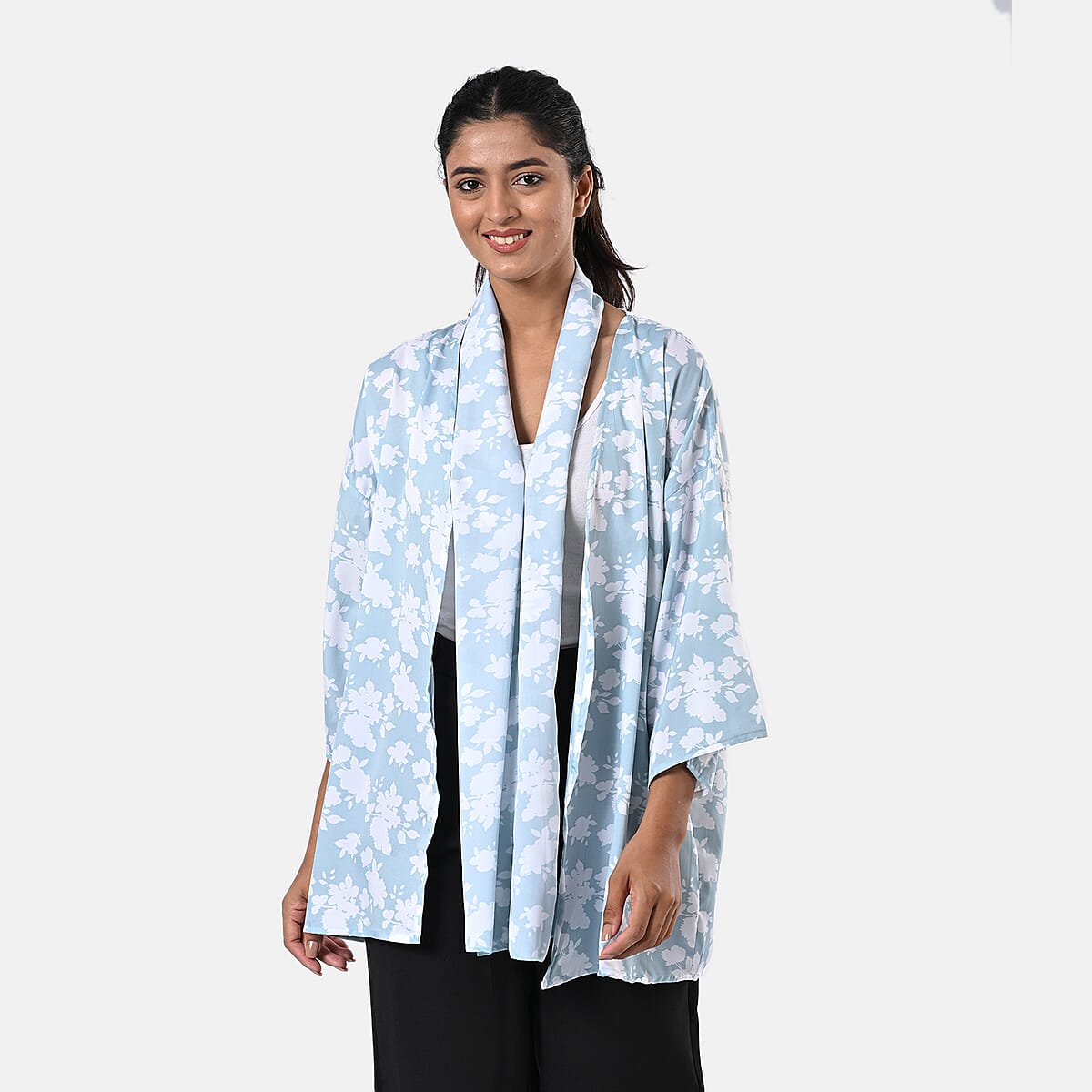 Mint Floral Polyester Kimono (30x24), Scrunchie (28x3.5) and Scarf (68x 12)  image number 5