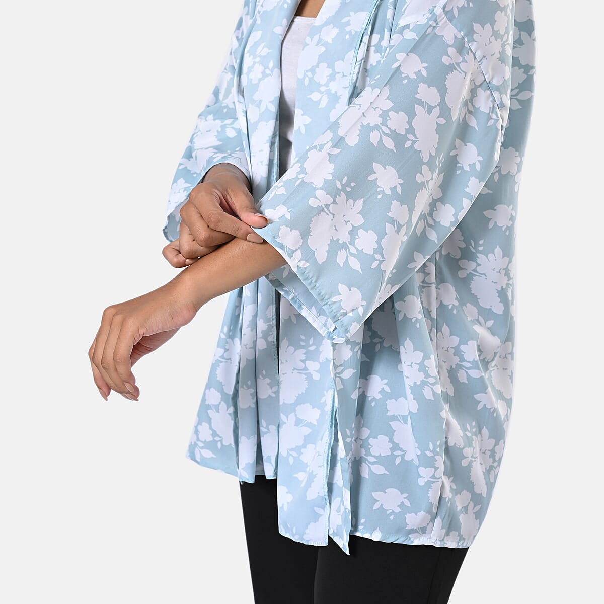 Mint Floral Polyester Kimono (30x24), Scrunchie (28x3.5) and Scarf (68x 12)  image number 6