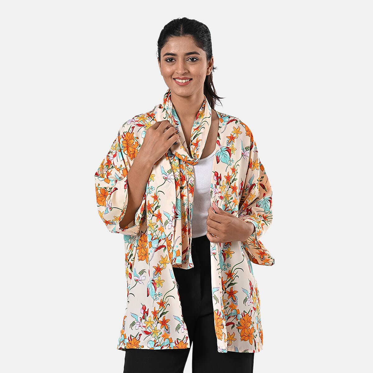 TAMSY Orange Floral 3 Piece Kimono, Scarf, and Scrunchie Set - One Size Fits Most image number 1