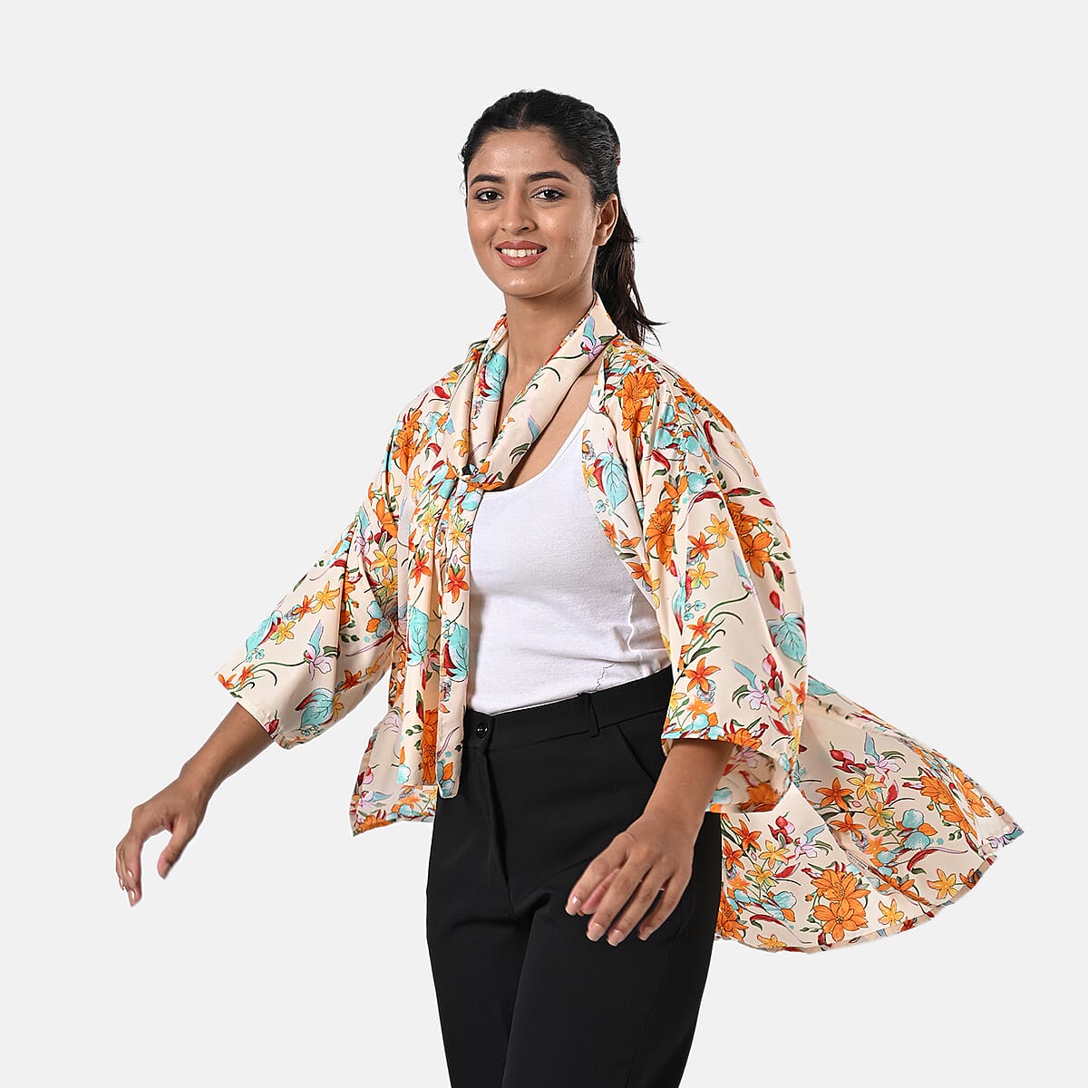TAMSY Orange Floral 3 Piece Kimono, Scarf, and Scrunchie Set - One Size Fits Most image number 2