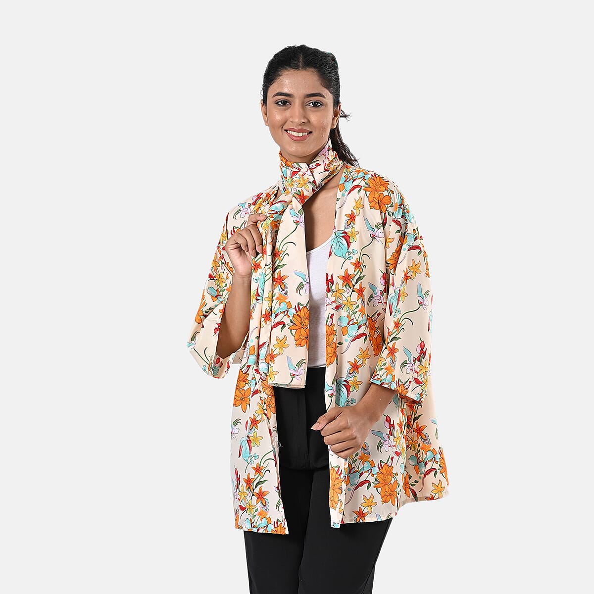 TAMSY Orange Floral 3 Piece Kimono, Scarf, and Scrunchie Set - One Size Fits Most image number 4
