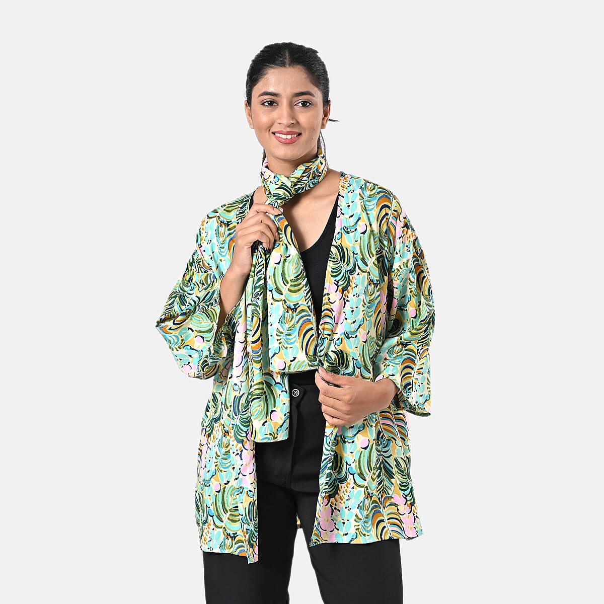 Mint Tropical Polyester Kimono (30x24), Scrunchie (28x3.5) and Scarf (68x 12)  image number 1