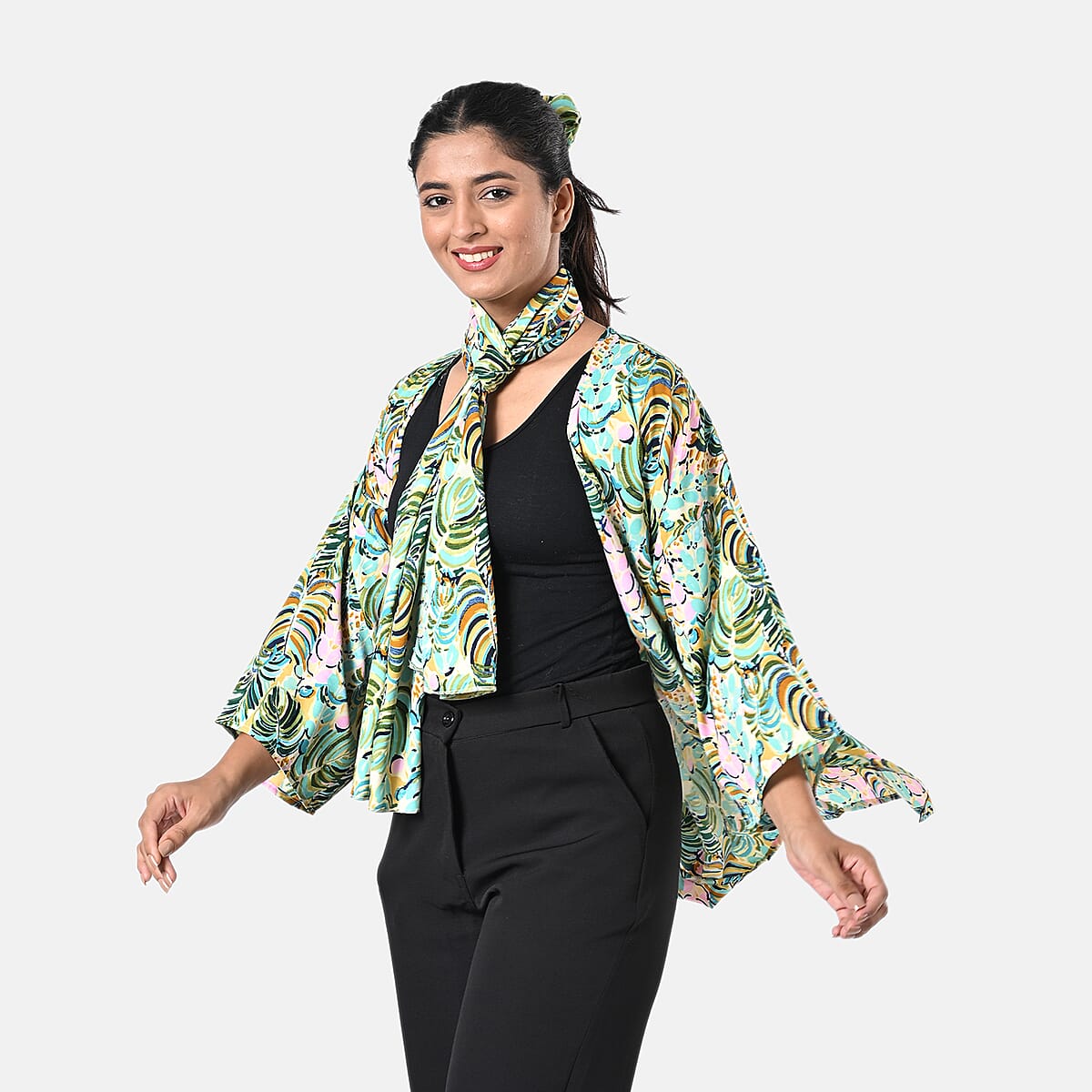 Mint Tropical Polyester Kimono (30x24), Scrunchie (28x3.5) and Scarf (68x 12)  image number 2