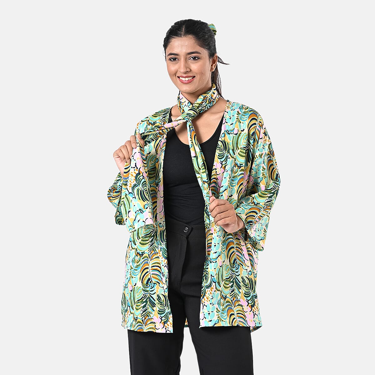 Mint Tropical Polyester Kimono (30x24), Scrunchie (28x3.5) and Scarf (68x 12)  image number 4