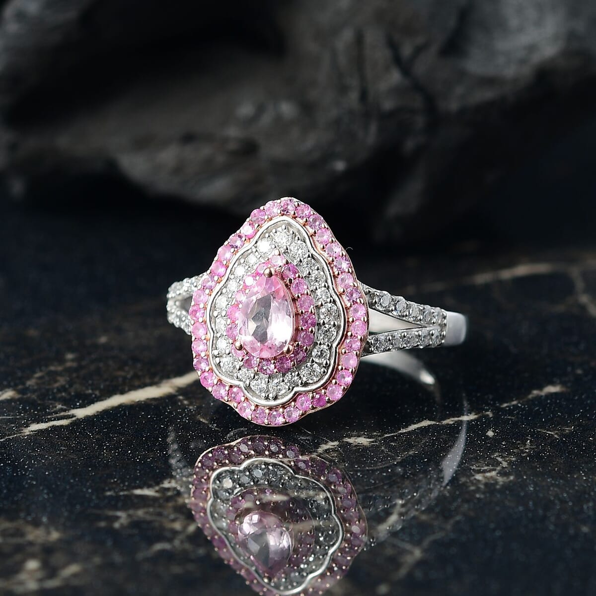 D'Joy Premium Narsipatnam Pink Spinel, Multi Gemstone Rose Aegis Ring in 18K Vermeil RG & Rhodium Over Sterling Silver (Size 10.0) 1.40 ctw image number 1