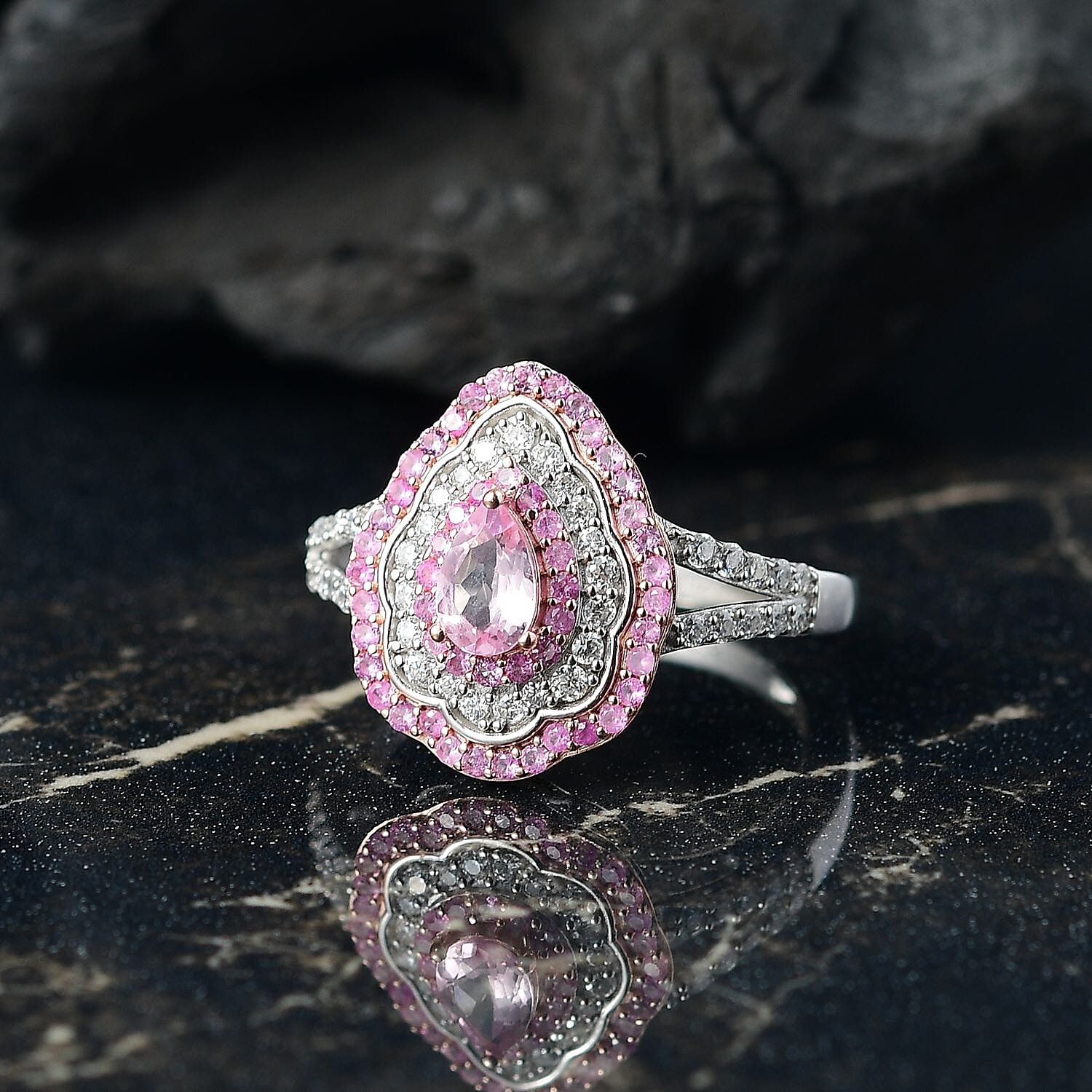 D'Joy Premium Narsipatnam Pink Spinel, Multi Gemstone Rose Aegis Ring in 18K Vermeil RG & Rhodium Over Sterling Silver (Size 10.0) 1.40 ctw
