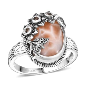 D'Joy Artisan Crafted Pink Natrolite and Natural Champagne Zircon 5.50 ctw Dragonfly with Flower Ring in Sterling Silver (Size 10.0)