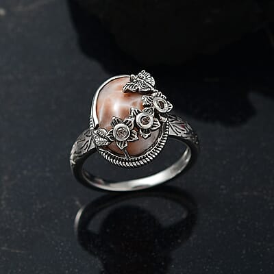D'Joy Artisan Crafted Pink Natrolite and Natural Champagne Zircon 5.50 ctw Dragonfly with Flower Ring in Sterling Silver (Size 10.0)