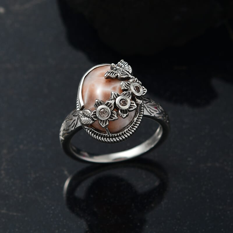 D'Joy Artisan Crafted Pink Natrolite and Natural Champagne Zircon 5.50 ctw Dragonfly with Flower Ring in Sterling Silver (Size 10.0)