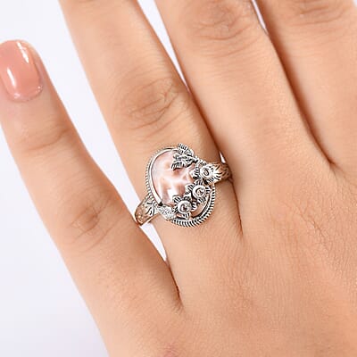 D'Joy Artisan Crafted Pink Natrolite and Natural Champagne Zircon 5.50 ctw Dragonfly with Flower Ring in Sterling Silver (Size 10.0)