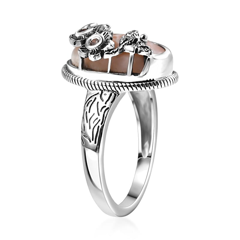 D'Joy Artisan Crafted Pink Natrolite and Natural Champagne Zircon 5.50 ctw Dragonfly with Flower Ring in Sterling Silver (Size 10.0)