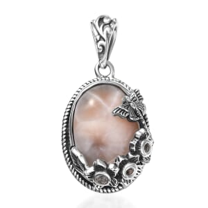 D'Joy Artisan Crafted Pink Natrolite and Natural Champagne Zircon 5.60 ctw Dragonfly with Flower Pendant without Chain in Sterling Silver