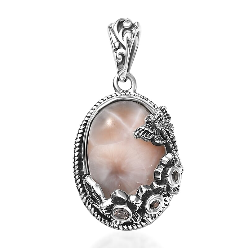 D'Joy Artisan Crafted Pink Natrolite and Natural Champagne Zircon 5.60 ctw Dragonfly with Flower Pendant without Chain in Sterling Silver
