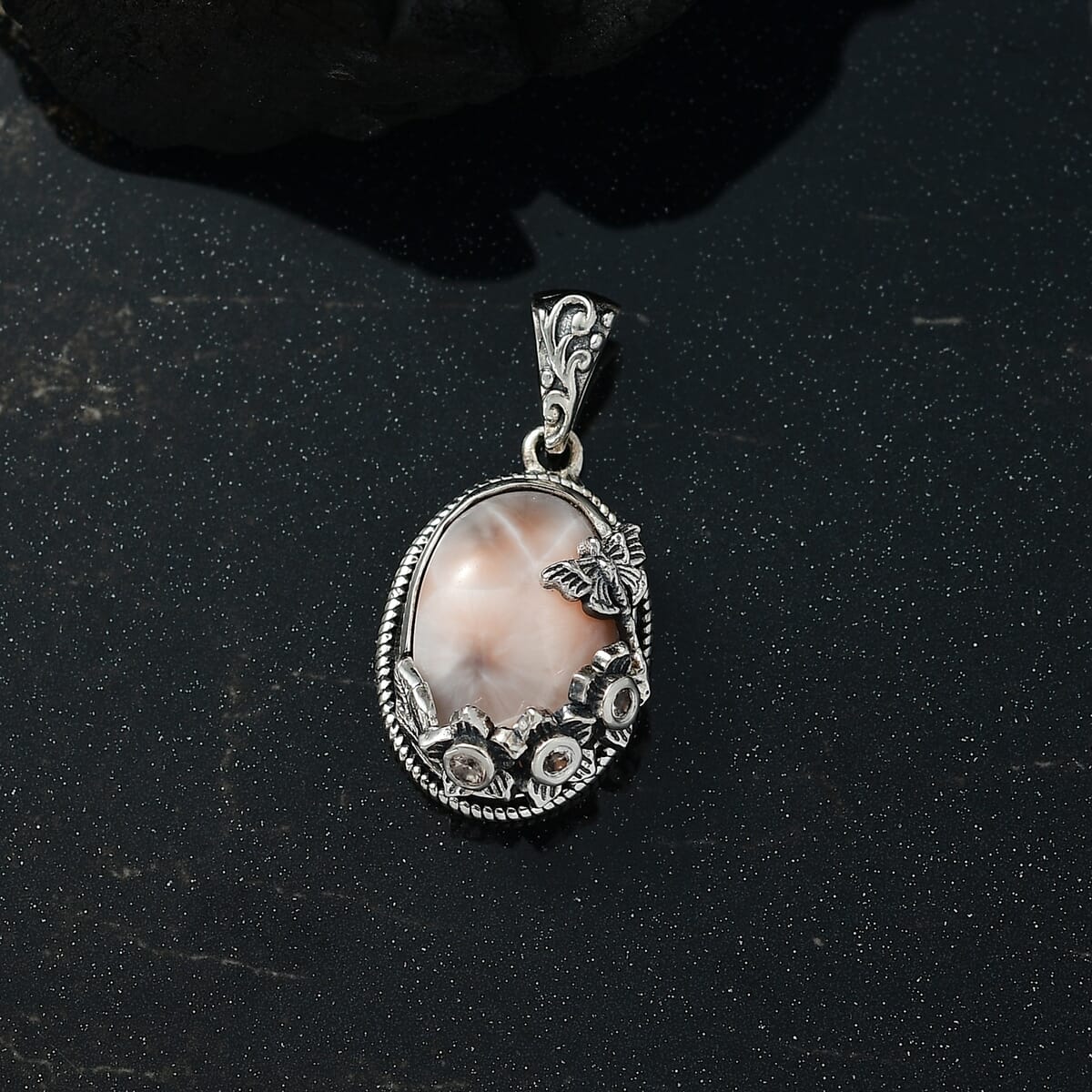 D'Joy Artisan Crafted Pink Natrolite and Natural Champagne Zircon 5.60 ctw Dragonfly with Flower Pendant without Chain in Sterling Silver image number 1