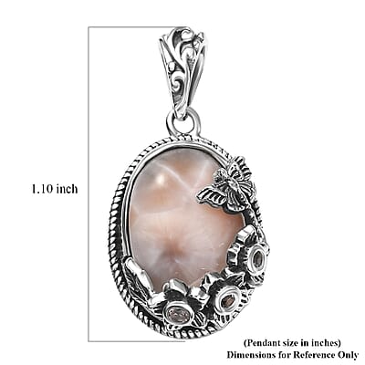 D'Joy Artisan Crafted Pink Natrolite and Natural Champagne Zircon 5.60 ctw Dragonfly with Flower Pendant without Chain in Sterling Silver