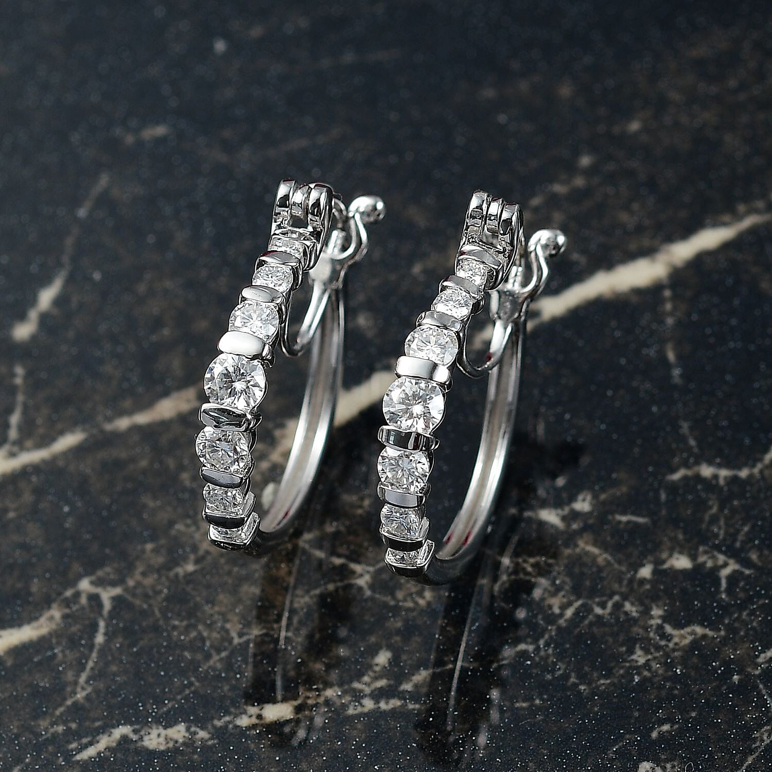 Moissanite Hoop 1.25 ctw Earrings in Rhodium Over Sterling Silver